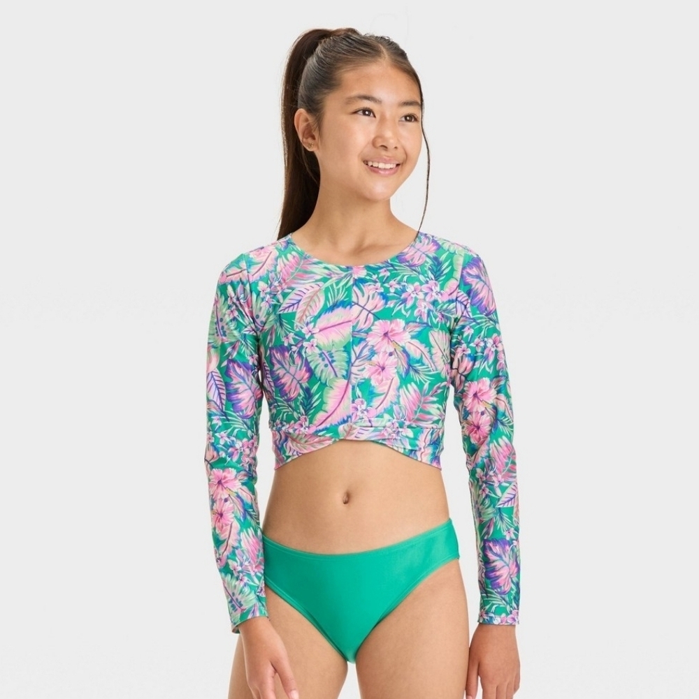 Girl's Rashguard Green With Pink Floral Swim Top - Art Class  - XS (4/5)
